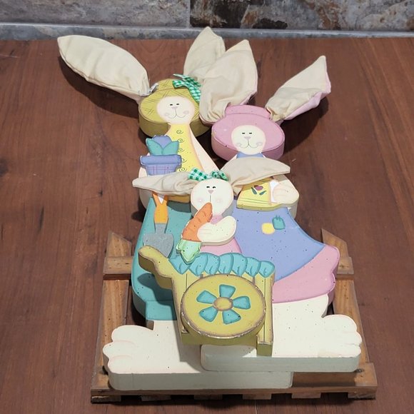 Easter Decor Wooden Three Bunny Rabbts Cloth Ears - Picture 4 of 13